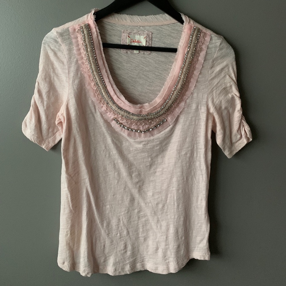 Anthropologie dusty pink beaded top